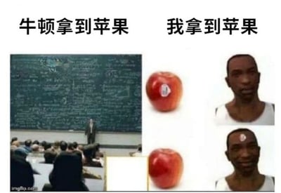 这是一张左右对比风格的梗图，左侧标题为“牛顿拿到苹果”，画面展示一块写满复杂数学公式的黑板，前方有一位站立的人（疑似教师或科学家），台下坐着听课的学生，整体营造出严谨的科学探索氛围，暗喻牛顿因苹果落地发现万有引力的经典故事；右侧标题为“我拿到苹果”，上方是一个贴有标签的红苹果，下方是一位人物，通过夸张对比幽默展现普通人拿到苹果与牛顿的巨大差距，突出“别人发现科学定律，我只关心吃”的自嘲式笑点。