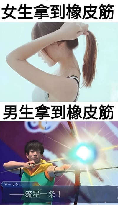 这是一张上下对比风格的搞笑梗图，通过夸张对比展现女生和男生拿到橡皮筋后的不同反应。上半部分是一位女性用橡皮筋扎头发的日常场景，展现了女生对橡皮筋的常规使用方式；下半部分则是动画/游戏中的男性角色，将橡皮筋想象成武器，摆出拉弓发射能量箭的姿势，并配有"流星一条！"的战斗台词，形成强烈的反差萌效果。