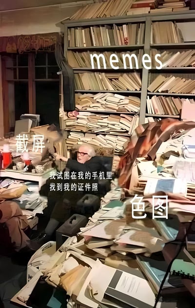 图片中一位戴着眼镜的老人坐在堆满书籍和纸张的房间里，周围杂乱无章。老人正焦急地在堆积如山的纸张中翻找着什么。图片上有几处文字标注：左侧写着“截图”，右侧写着“色图”，上方有“memes”字样，中间的文字内容是“我试图在我的手机里找到我的证件照”。这张图通过夸张的视觉效果，幽默地表现了人们在手机里存储了大量截图、表情包和其他图片后，想要找到一张特定证件照时的困难和无奈。