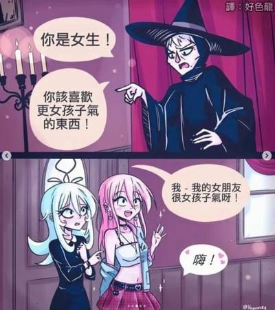 这是一张两格漫画梗图。上半部分，一名戴帽子的巫师装女性对另一名女孩说“你是女生！你该喜欢更女孩子气的东西！”，体现了社会对女性的刻板印象。下半部分，粉发女孩急忙回应“我，我的女朋友很女孩子气呀！”，一旁的蓝发女生表现吃惊，并配有“啪！”的音效，形成幽默反转。

图中对“女朋友”的描述，双关指向LGBTQ群体中女性伴侣，借以反击性别刻板印象，带有性别多元、包容和自嘲等意味，适合网络流行语和社交媒体玩梗。