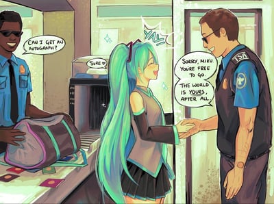 这是一幅二次元同人创作插画，描绘虚拟歌手初音未来在机场接受安检的趣味场景。画面左侧的安检工作人员看到初音后，兴奋地请求她签名；右侧的TSA工作人员则亲切地与初音握手，笑着告知她可以自由通行，还调侃道“毕竟世界都是你的”，初音则开心地欢呼起来。整个场景将虚拟偶像融入现实日常，充满了粉丝对偶像的喜爱与温馨的互动氛围，没有双关或谐音梗。