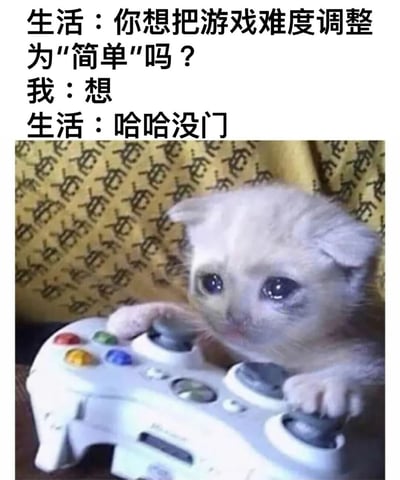 图片上半部分是三段文字对话，内容为“生活：你想把游戏难度调整为‘简单’吗？ 我：想 生活：哈哈没门”，下半部分是一只眼睛水汪汪、表情委屈的小奶猫，两只前爪握着一个白色游戏手柄，背景是带有花纹的黄色布料。整体通过拟人化的“生活”与“我”的对话，结合小奶猫无助玩游戏的画面，幽默地表达了人们希望生活变得简单却无法如愿的无奈心情。