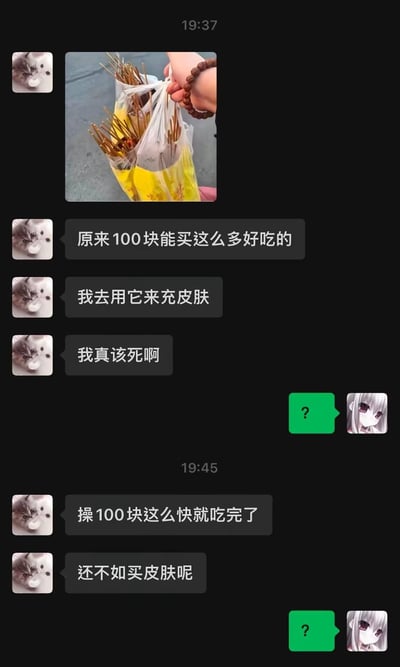 该内容是一张聊天记录截图，左侧使用猫咪头像的用户首先晒出自己手持多袋装满烤串类小吃的照片，感慨100元可以买到这么多食物，后悔之前把钱花在充值游戏皮肤上，自责自己不该乱花钱；仅过了8分钟，该用户又表示100元买的小吃很快就吃完了，再次反悔觉得还不如买游戏皮肤，全程右侧使用动漫少女头像的用户仅两次发送问号，表达对对方反复横跳的纠结心态的疑惑。