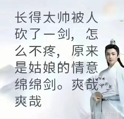 图片左侧为半文半白的搞笑文字：'长得太帅被人砍了一剑，怎么不疼，原来是姑娘的情意绵绵剑。爽哉爽哉'，右侧是演员侯明昊在《我就是这般女子》中的古装剧照，他身着白色长袍，头戴发冠，手持折扇，神情淡然。整体构图以浅灰色云雾为背景，营造出古风氛围，属于2024年底爆火的'古风小生'网络梗衍生表情包，通过尴尬又中二的伪古风语录调侃过度文艺的表达方式，唤起网友对'伪古风'文化的共鸣与调侃。