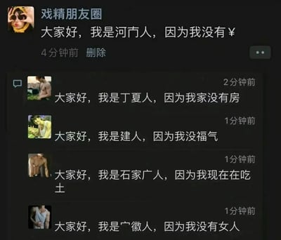 这是一张微信朋友圈的截图，展示了一场趣味玩梗接龙互动。首位用户“戏精朋友圈”发布动态，将“河南人”拆改为“河冇人”，搭配“没有¥（钱）”的自嘲理由开启玩梗；后续四位匿名用户依次模仿该格式，分别将“宁夏人”改为“丁夏人”（对应没房）、“福建人”改为“建人”（对应没福气）、“石家庄人”改为“石家广人”（对应吃土）、“安徽人”改为“广徽人”（对应没女人），通过对省份、城市名称的拆字修改，结合生活化的自嘲内容，制造出幽默搞笑的效果，体现了社交平台好友间的趣味互动氛围。