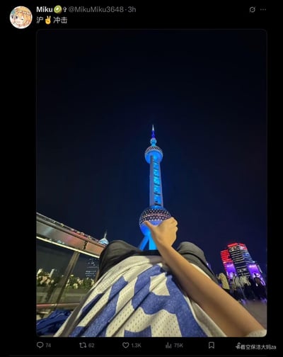这是一张在上海拍摄的夜景创意错位照，拍摄者通过调整角度，让自己的手看起来像是握住了东方明珠广播电视塔的下方球体，利用近大远小的视觉效果制造趣味互动感。配文“沪✌冲击”，“沪”谐音“护”，结合比耶的手势玩了谐音梗，显得轻松有趣。
