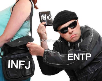 这是一张MBTI主题的幽默梗图，画面中一名戴着黑色帽子和墨镜的男子（标注为“ENTP”）正从一位穿着浅绿色上衣的女性（标注为“INFJ”）的黑色挎包里偷出一个钱包，钱包上写着“耐心”二字。通过小偷盗窃的场景，调侃ENTP性格类型可能会“偷走”或耗尽INFJ的耐心这一常见性格刻板印象。