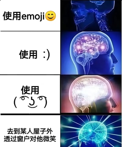 这是一张四格对比图，通过脑扫描图像幽默展示不同微笑表达方式的脑部活动差异。

第一格：使用emoji😊 - 显示简单的头骨扫描，暗示基础反应
第二格：使用 :) - 显示脑部有少量亮点，暗示稍复杂的认知活动
第三格：使用 (◕ᴗ◕✿) - 显示脑部大面积激活，暗示更丰富的情感处理
第四格：去到某人屋子外透过窗户对他微笑 - 显示脑部全面高亮并带有放射状效果，暗示极端复杂的认知和情感反应