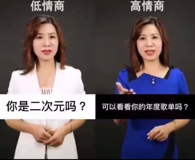 这是一张左右分栏的对比类梗图，左侧标注“低情商”，配文直接询问“你是二次元吗？”；右侧标注“高情商”，配文委婉提问“可以看看你的年度歌单吗？”。梗点在于，直接询问是否是二次元较为直白，而通过查看年度歌单，能从歌单中的ACG相关歌曲判断对方是否属于二次元群体，用高低情商的反差感来体现圈内人的小默契，趣味十足。