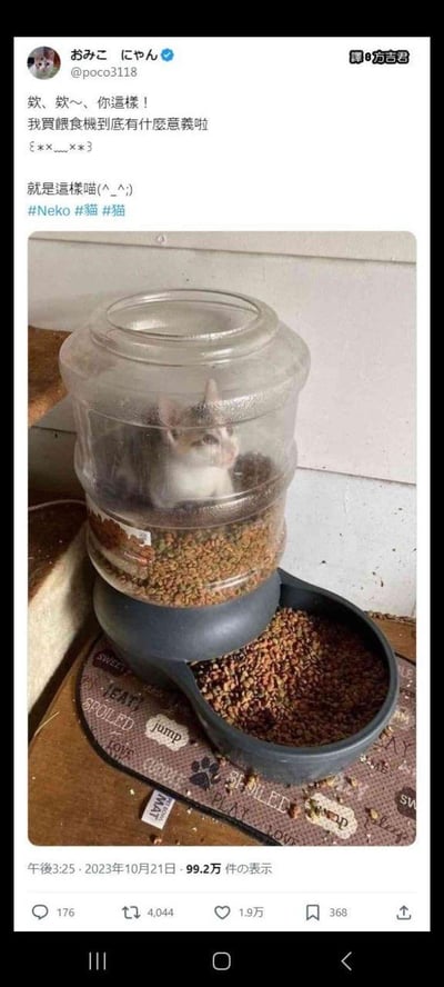 这张梗图展示了一只聪明的猫咪钻进了透明的自动喂食机中，完美诠释了"既然我能直接进去吃，为什么还要用喂食机"的幽默场景。主人配文表达了对购买喂食机意义的质疑，形成了人与宠物间有趣的互动。