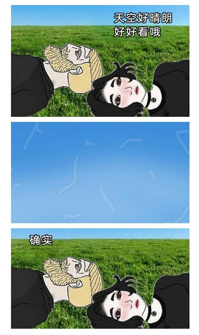 这是一组三格连环卡通图，第一格呈现了黑发女生与金发男生一同躺在翠绿的草地上，女生抬头望向天空，开口夸赞“天空好晴朗 好好看哦”；第二格单独展示了一片澄澈无云的蓝色天空；第三格回到两人躺卧草地的画面，男生用一句简单的“确实”回应女生的夸赞，整体画面简洁，通过直白平淡的对话构建出轻松有趣的日常互动氛围，笑点源于男生回应的极简直白，呼应女生对天空的赞美，传递出一种平淡又温馨的情侣日常感。