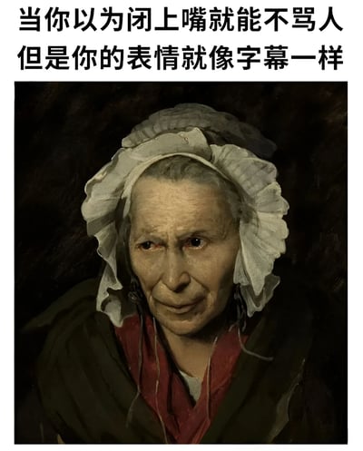 图片上方有两行黑色文字：'当你以为闭上嘴就能不骂人但是你的表情就像字幕一样'。下方是一幅古典风格的油画，画中是一位戴着白色褶皱头巾的老妇人，她穿着深色外套，内搭红色衣物。老妇人的表情非常生动，眉头微蹙，嘴角似笑非笑，眼神中透露出明显的轻蔑和不屑，完美呼应了上方文字所描述的情景，即虽然没有开口说话，但表情已经暴露了内心的真实想法。