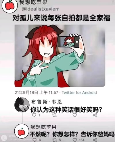 这是一张模拟Twitter（现X）平台互动的网络梗图，顶部是用户“我想吃苹果”（@idealistxavierr）发布的内容，搭配一张红头发、穿绿色卫衣的卡通人物自拍的插图，配文“对孤儿来说每张自拍都是全家福”，以自嘲式的玩笑制造笑点；随后以蝙蝠侠本名“布鲁斯·韦恩”为ID的用户（对应DC漫画中蝙蝠侠是孤儿的设定）回复质问“你认为这种笑话很好笑吗？”，表达对这类笑话的不满，而发布者则回怼“不然呢？你想怎样？告诉你爸妈吗”，这句话精准命中布鲁斯·韦恩是孤儿的身世痛点，形成了讽刺又搞笑的反差效果。图的左下角带有LOFTER平台的水印，显示该图被转发至该平台。