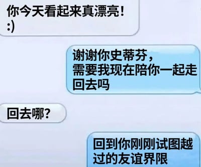 这是一张模拟聊天对话的截图，包含四条消息。上方白色对话框写着“你今天看起来真漂亮! :)”，中间蓝色对话框回复“谢谢你史蒂芬，需要我现在陪你一起走回去吗”，接着白色对话框反问“回去哪?”，最后蓝色对话框以幽默方式回应“回到你刚刚试图越过的友谊界限”。通过对话展现了一方调侃另一方试图跨越友谊界限的场景，充满轻松搞笑的氛围。