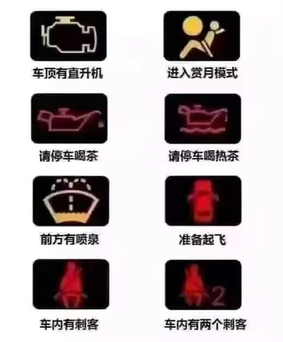 这张梗图用恶搞方式重新解读了汽车仪表盘上的常见警告灯。原本严肃的故障或提醒被配上了各种幽默、无厘头的中文说明，比如“车内有刺客”、“请停车喝茶”、“进入赏月模式”等，彻底颠覆了原本枯燥的汽车指示图标，带来轻松愉快的观感。每一个标签都用了谐音、双关或场景误译，非常适合老司机自嘲或新手吐槽。暗示及谐音梗：大量灯图用字面或形象谐音，如“升机”=发动机故障、“赏月模式”=安全气囊等，极具娱乐性。

因为本图已被广泛用于朋友圈/V群爆梗，流传甚广。