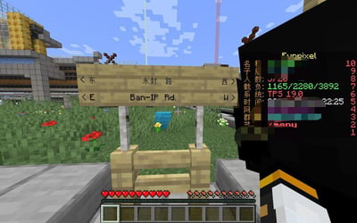 Minecraft游戏截图，展示了一个名为"永封路"(Ban-IP Rd.)的木制路牌，路牌两侧分别标有"东(E)"和"西(W)"方向指示。画面右侧显示了游戏HUD界面，包含玩家信息、系统版本(TFS 19.0)和时间等数据。背景是典型的Minecraft场景，有草地、花朵和远处的建筑结构。