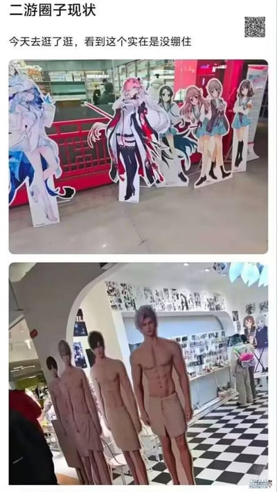 该图为上下拼接的竖版图文内容，上方文字标注“二游圈子现状 今天去逛了逛，看到这个实在没绷住”，下方两张图片形成鲜明对比。第一张图展示商场内摆放的多个二次元游戏角色立牌，角色们身着华丽服饰，造型精致，充满动漫风格；第二张图则是某店铺内陈列的男性人体模型，模型多为赤裸上身、肌肉线条明显的形象，背景墙上还贴有动漫海报。整体通过两组视觉元素的反差，幽默调侃了二次元游戏圈子中角色形象呈现的某种现象。