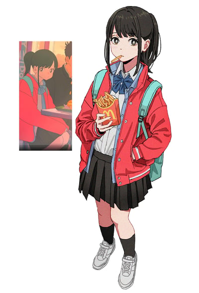 这张图采用多图拼接形式，左侧是动漫《我心里危险的东西》里女主角山田杏奈在餐厅的原作场景截图，她扎着马尾、穿着红色校服外套；右侧是粉丝基于该角色创作的AI生成完整立绘，角色还原了原作的穿搭，扎低马尾，嘴里叼着一根薯条，手持麦当劳薯条盒，背着浅蓝背包，整体是清新软萌的日系动漫风格，增添了生活化的吃薯条场景，无谐音梗或双关暗示。