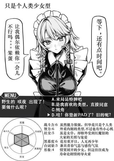 这是一张《东方Project》的同人二次创作梗图，将红魔馆女仆十六夜咲夜设定为「只是个人类少女型」，图中咲夜红着脸、低着头，带着害羞委屈的神情说出想要依赖对方的软萌话语。下方设计了类似游戏选择界面的四个选项，还搭配了角色能力雷达图与详细设定介绍，玩了多个梗：
1. 选项D「垫新PAD」是关于胸部的玩笑梗；
2. 选项C「钝角」是无意义的网络热梗选项；
3. 设定里提到的「寿命论」是东方圈经典梗，指人类咲夜与红魔馆妖怪的寿命差异带来的感伤剧情；
4. 选项A「昆特牌」是《巫师》系列的玩梗选项。