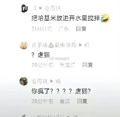 这是一段社交媒体平台的评论回复截图，呈现了一段因网络热词引发的搞笑误解对话：用户“崎”回复“范雨琪”时说“把哈基米放进开水里搅拌”并配上笑哭表情；用户“长矛沾💩戳谁谁死”看到后回复“崎”，质疑其是在“虐猫”；随后“范雨琪”回复“崎”，用惊讶的语气反问“你疯了？？？？虐猫？”。由于“哈基米”在网络语境中常用来指代可爱的小猫，第一层评论的表述被误解为虐猫行为，从而产生了充满反差感的搞笑对话效果。