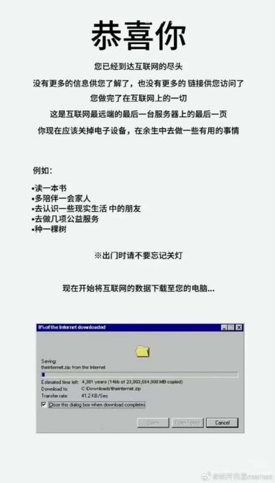 这是一张具有调侃性质的网络梗图，整体为浅灰白背景的图文混排形式：顶部用加粗大字显示“恭喜你”，下方依次排布调侃文案，称用户已经到达互联网的尽头，浏览完了互联网上的所有内容，建议用户关掉电子设备回归现实生活，还罗列了读书、陪伴家人、结交现实朋友、参与公益、种树等现实活动建议，末尾还加了一句戏谑的“出门时请不要忘记关灯”；文案下方搭配了一个复古Windows系统风格的下载弹窗截图，显示正在下载整个互联网的压缩包theinternet.zip，总大小超239亿MB，剩余下载时长需要4381年，用极度夸张的设定强化幽默效果，整体用来调侃和讽刺当代人花费大量时间沉迷网络冲浪的行为。