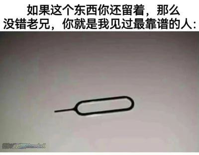 这是一张横版的顶配底文静态梗图，画面上方配有醒目的黑色文字：“如果这个东西你还留着，那么没错老兄，你就是我见过最靠谱的人:”，下方展示了一个黑色的手机取卡针，它是智能手机的配套小配件，用于开启手机的SIM卡卡槽。这张图以幽默的视角，利用手机取卡针体积小巧、极易丢失的特性，调侃能长期保留它的人在生活中必然是细心、靠谱的，精准戳中大众日常容易弄丢小物件的生活痛点，引发用户的共鸣与趣味讨论。