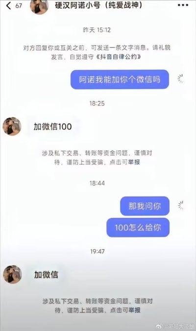 这是一段抖音平台的私信聊天记录截图，用户向账号名为「硬汉阿诺小号（纯爱战神）」的博主请求添加微信，对方直接回复「加微信100」，平台立刻弹出关于私下交易的风险提示；随后用户询问100元的支付方式，对方却只重复「加微信」，再次触发平台的风险提示。整个对话逻辑迷惑，疑似是钓鱼或耍人的搞笑套路。