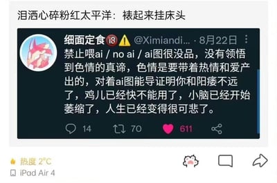 这是一张社交媒体截图，展示了用户"细面定食"发布的一条强烈反对AI生成色情内容的帖子。帖子标题上方有"泪洒心碎粉红太平洋：裱起来挂床头"的文字，内容充满情绪化语言，批判AI生成的色情图片缺乏真情实感，并使用了较为粗俗的比喻来表达观点。