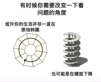 图片通过上下排布的文字与两个螺旋图形形成幽默对比。上方文字写着“有时候你需要改变一下看问题的角度 或许你的生活并非一直在原地转圈”，左侧是一个平面环形螺旋图案（看似原地循环），右侧为立体螺旋下降结构，底部配文“也可能是在螺旋下降”。整体用视角转换的梗，以黑色幽默的方式调侃生活困境，暗示换角度看问题可能发现更残酷的真相。