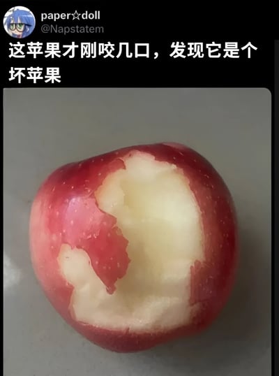 图片展示了一个被咬了几口的红苹果，苹果内部有明显的空洞，看起来已经变质。上方配有文字'这苹果才刚咬几口，发现它是个坏苹果'，表达了发现苹果坏掉后的无奈和搞笑情绪。