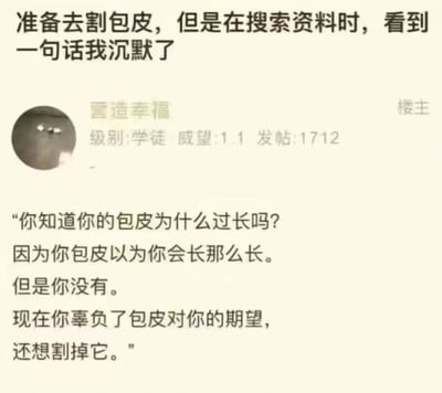 这是一张论坛截图，内容是一位用户分享自己准备去割包皮时看到的幽默解释。帖子以第一人称讲述："准备去割包皮，但是在搜索资料时，看到一句话我沉默了"，随后引用了一段拟人化的搞笑解释："你知道你的包皮为什么过长吗?因为你包皮以为你会长那么长。但是你没有。现在你辜负了包皮对你的期望，还想割掉它。" 这种将身体器官拟人化并赋予情感期望的表达方式创造了黑色幽默效果。