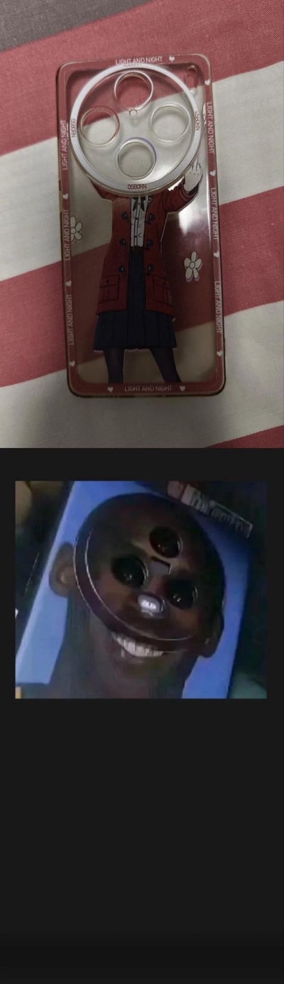 图片分为上下两部分。上半部分展示了一个包装好的玩具人偶，人偶穿着红色外套和深色裙子，手中举着一个带有多个圆孔的圆形物体。下半部分是一个特写镜头，显示一个人将类似的圆形多孔物体放在脸上，形成了有趣的视觉效果。