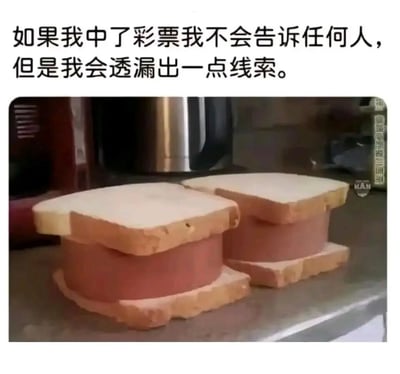 这是一张充满幽默感的图文混排梗图，上方配文为“如果我中了彩票我不会告诉任何人，但是我会透漏出一点线索。”，下方实拍图片则是这个“线索”的具象化呈现：两片尺寸较小的吐司面包，分别夹着一块厚度远超面包的厚火腿，形成面包在上、厚火腿在中间、面包在下的特殊“三明治”结构，火腿的体量感远大于面包，视觉上极具反差感。这一画面暗示着中彩票暴富后，在饮食上可以不再受食材成本限制，毫无顾忌地使用大量昂贵的肉类，用这种低调又直白的方式“暗示”自己的财富变化，将暴富后想低调又忍不住炫耀的心态用夸张的美食创意表现出来，笑点十足。