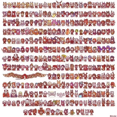这是一张包含数百个Q版卡通角色的插画合集，角色们以网格形式整齐排列。每个角色都采用了可爱的chibi风格设计，头部较大，身体小巧，表情生动多样。角色们穿着不同的服装，包括动物装、职业制服、奇幻服饰等，展现出丰富的创意。色彩以暖色调为主，每个角色都有独特的发型、配饰和姿态，部分角色还带有翅膀、兽耳等奇幻元素。画面右下角有"©WhiteRabbit"的水印标识。