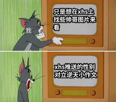 这是一张基于《猫和老鼠》汤姆猫场景制作的上下对比梗图。上图中，被标注为“我”的汤姆猫一脸期待地操作着老式电视，电视配文“只是想在xhs上找些帅哥图片来看”，精准还原了用户打开小红书时的初始期待；下图里，汤姆猫瞪大双眼、大张嘴巴，露出崩溃又震惊的表情，电视配文“xhs推送的性别对立逆天小作文”，通过强烈的内容反差，生动表现出用户对小红书推荐算法与自身需求严重不符的崩溃和无奈情绪。图中无谐音梗、双关或暗示内容。