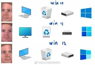 这是一张上下对比的多图拼接文字加注图，整体分为三行，分别对应Windows 10、Windows 11、Windows 12三个系统的图标展示。每行左侧是同一个真人男性的面部表情，表情从上到下从平静逐渐过渡到疑惑、不解；每行右侧依次展示对应系统的电脑主机显示器图标、回收站图标、外置硬盘图标、Windows系统标志图标：Win10的图标是偏写实的立体风格，是用户熟悉的经典样式；Win11的图标是完全扁平化的简约风格，符合当代UI设计的扁平化趋势；Win12的图标则呈现出一种“倒退式”的设计，电脑图标回到带键盘的样式，回收站和硬盘图标风格变得粗糙，系统标志也变成了拼接感的奇怪样式，像是Win10和Win11风格的不协调结合。整张图用表情的变化和图标风格的反复，调侃Windows系统图标设计的让人费解的演变，传递出用户对系统UI设计“开倒车”的吐槽与不解情绪。