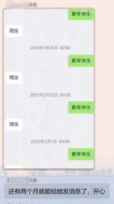 这张图由两部分组成，上方是微信聊天记录截图，聊天对象备注为“露露”，2020年1月25日、2021年2月12日、2022年2月1日这三年的新年零点，发送者都会给露露发送“新年快乐”的祝福，露露每次都统一回复“同乐”；下方配文“还有两个月就能够给她发消息了，开心”，体现出发送者对每年仅有的和对方交流的机会十分珍视与期待，暗含单向暗恋的酸涩情绪。