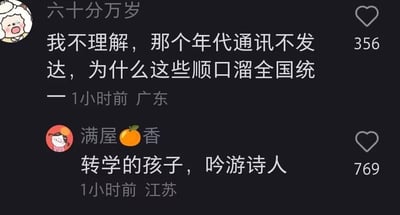 这是一张社交媒体评论区的截图，展示了两位网友关于童年顺口溜的趣味互动。来自广东的网友“六十分万岁”提出疑问：在通讯不发达的年代，为什么各地的童年顺口溜却能做到全国统一，该评论获得356个点赞；来自江苏的网友“满屋🍊香”给出了幽默又贴切的回复：“转学的孩子，吟游诗人”，将转学的孩子比作传播顺口溜的“吟游诗人”，生动解释了顺口溜通过孩子的流动口口相传实现全国统一的可能途径，该回复获得769个点赞，巧妙贴合童年回忆，引发众多网友共鸣。