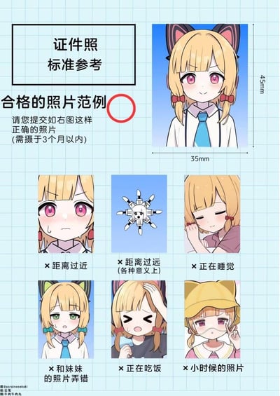 这是一张以二次元游戏《蔚蓝档案》角色伊落玛丽为主体制作的趣味证件照规范梗图。图中上方展示了合格的证件照范例，标注尺寸为35mm×45mm，要求提交3个月内拍摄的正面清晰照片；下方列出6种不合格的证件照情况并配搞笑说明：<br>1. 距离过近：角色面部占比过大，表情尴尬<br>2. 距离过远（各种意义上）：使用了完全无关的战术直升机形象，玩双关梗，既指物理距离远，也指内容和主体完全无关<br>3. 正在睡觉：角色闭眼犯困，呈现类似睡觉的状态<br>4. 和妹妹的照片弄错：用了伊落玛丽的妹妹伊落哈的照片<br>5. 正在吃饭：角色扶头，呈现类似吃饭的状态<br>6. 小时候的照片：角色戴帽子，标注是小时候的照片<br>整体用搞笑的方式吐槽证件照拍摄的各种错误情况，其中“距离过远（各种意义上）”是双关梗，趣味性拉满。