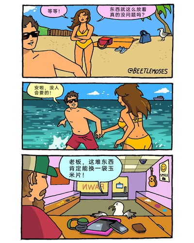 这是一则三格连环搞笑卡通漫画，讲述了海滩上的情侣和一只海鸥的趣事。第一格中，穿黄色比基尼的女性看着沙滩上放置的随身物品，满脸担忧地询问身旁的男性，这些东西放在这里是否安全，一旁的海鸥正盯着这些物品；第二格中，戴墨镜的男性拉着女性的手，一脸轻松地安慰她“没人会要的”，随后两人走向海中准备玩水；第三格画面一转，来到了当铺场景，之前的那只海鸥将情侣留在海滩的物品带到了这里，正自信地对当铺老板说这些东西能换一袋玉米片，形成了让人意想不到的神反转，制造出幽默的效果。