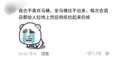 这是一条发布于09-02、来自贵州的社交媒体评论，评论者分享了自己的尴尬如厕经历：因不适应马桶，坐马桶无法正常排便，每次去酒店都会拉在地上，之后再用纸捡起扔掉。评论下方搭配了一个蹲坐大哭的熊猫头表情包，用来表达自己的无奈与委屈。这条评论获得了1.7万的点赞，内容直白又充满生活感，用夸张的表情包放大了尴尬的情绪，没有双关、谐音梗等特殊内容。