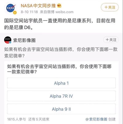 这是一张来自微博平台的社交媒体截图，图中从上到下展示了两条先后发布的博文：第一条是认证账号「NASA中文同步推」发布的内容，说明国际空间站宇航员一直使用尼康系列相机，当前在用的型号为尼康D6；第二条是索尼官方认证账号「索尼影像圈」发布的内容，发起了投票提问，询问网友如果有机会去宇宙空间站当摄影师，会选择哪一款索尼微单，投票设置了三个选项，分别是Alpha 1、Alpha 7R IV、Alpha 9 II，该投票共有1615人参与，活动还有5天结束。