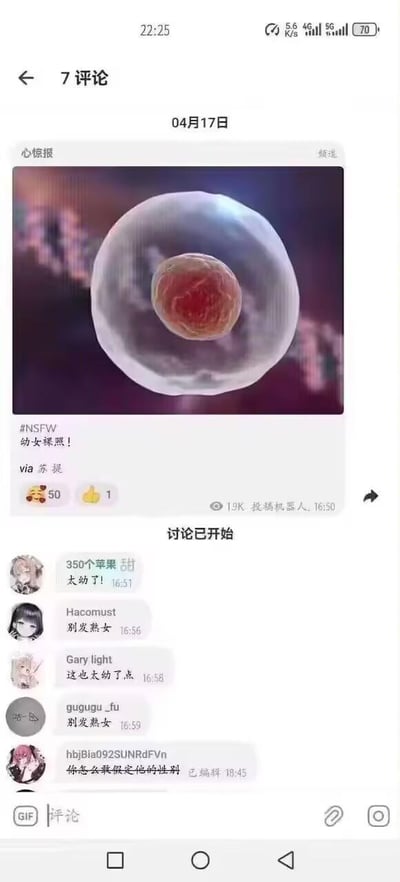 这是一张手机端社交媒体的截图，展示了一个充满荒诞恶搞氛围的帖子及其评论区。帖子发布于04月17日，由用户“苏提”投稿，主图是一张类似卵细胞（或受精卵）的生物医学图像，却被恶意标注为“#NSFW 幼女裸照！”的低俗内容，属于典型的网友恶搞玩梗。评论区的用户们纷纷配合这个离谱的梗进行互动，有人附和“太幼了！”“这也太幼了点”，有人玩梗要求“别发熟女”，还有网友跳出性别刻板印象，质问“你怎么敢假定他的性别”，整个评论区充满了戏谑、荒诞的搞笑氛围，将无厘头玩梗的风格拉满。