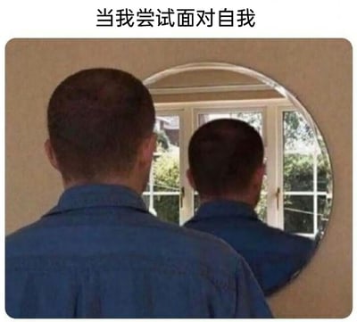 这是一张带有文字标题的静态趣味梗图，标题位于图片顶部，内容为“当我尝试面对自我”。画面中一名身着蓝色衬衫的男子背对着观察者，站在一面嵌入墙内的圆形镜子前，违背常规的是，镜子中并未反射出男子的正面，而是依然呈现出他的背影，形成强烈的视觉错位效果。这一荒诞的视觉设计，巧妙地隐喻了人们在试图进行自我认知、直面内心时，却始终无法真正看清自己、难以触及真实自我的迷茫与困境，用幽默的方式引发人们对自我认知话题的共鸣。