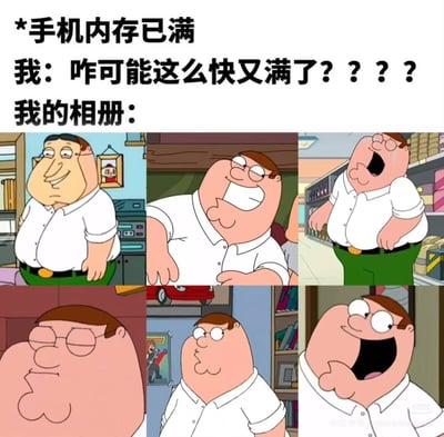当手机突然弹出“内存已满”提示时，用户满脸困惑地发出灵魂拷问“咋可能这么快又满了？？？？”，而下方由六张《恶搞之家》彼得·格里芬表情包组成的拼图则“嚣张”回应——从眯眼坏笑、咧嘴大笑到挺胸叉腰，每个夸张表情都仿佛在说“相册占满内存，就是我干的！”。通过人物神情与文字的反差萌，幽默还原了现代人手机相册不知不觉占满存储空间的真实日常。