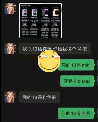 这是一张聊天记录截图，展示了两人关于用iPhone 13交换iPhone 14的搞笑对话。顶部是iPhone 14系列四款机型（含Plus、Pro、Pro Max）的配置及价格截图，下方聊天中左方用户（头像为金发女性）发消息“我把13给你玩 你给我换个14吧”，右方用户用绿色气泡回复“你的13是mini”“还是Pro Max”，左方接着说“我的13是粉色的”，右方最后调侃“你的13有点贵”。中间有一个黄色眯眼笑的调皮表情，整体氛围轻松幽默。