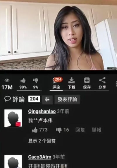 图片显示一个社交媒体视频的截图，上半部分是一位长发女性站在厨房环境中，背景有白色橱柜和冰箱。下半部分是社交媒体平台的界面元素，显示该视频获得了1700万次观看，90%的点赞率，9%的点踩率，以及204条评论。评论区中最上方的评论来自用户"Qinghanlao"，内容为"我**卢本伟"，获得了773个点赞和16个点踩。另有一条评论来自用户"Caco3Atm"，内容为"开哥!是你吗开哥!!"。