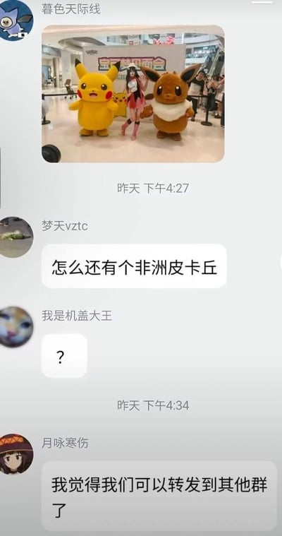 这是一张国内社交软件的群聊截图，首先用户“暮色天际线”在群内分享了一张线下宝可梦见面会的现场合影，照片中皮卡丘人偶、宝可梦相关角色的coser、伊布人偶并排站立在活动背景板前。随后用户“梦天vztc”发言调侃称“怎么还有个非洲皮卡丘”，误将棕色的伊布认成了肤色更深的皮卡丘，闹出了笑话。紧接着用户“我是机盖大王”发出问号表示对这条发言的疑惑，最后用户“月咏寒伤”表示这段有趣的内容可以转发到其他群中分享，整个内容的笑点来源于发言者对宝可梦角色的认知不足，将伊布错当成了特殊版本的皮卡丘。