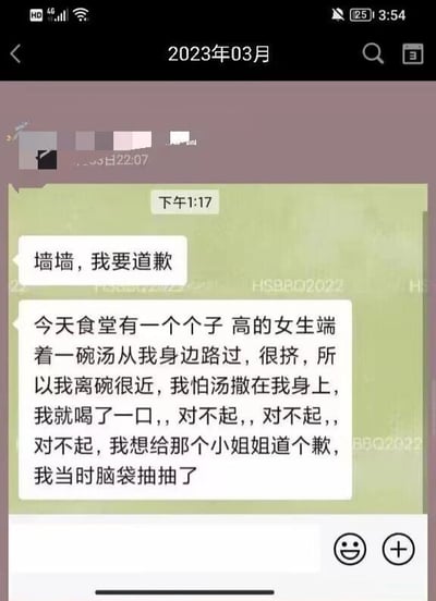 这是一张2023年3月的聊天记录截图，内容为一位网友向校园墙（通常是校园内的匿名投稿账号）发送的道歉信息。该网友称在食堂中，一位个子高的女生端着汤从拥挤的自己身边路过，因为担心汤洒到自己身上，他下意识喝了一口女生碗里的汤，事后十分后悔，因此通过校园墙向这位陌生女生道歉，还自嘲当时脑袋抽抽了，整个内容充满了搞笑又尴尬的氛围。