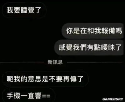 一张聊天记录截图梗图，展示了一段因误解产生的暧昧乌龙对话。一方发送“我要睡觉了”后，另一方接连回应“你是在和我报备吗”“感觉我们有点暧昧了”，引发对方慌忙解释“呃我的意思是不要再传了 手机一直响===”，通过对话间的反差营造出尴尬又搞笑的社交场景，生动还原了网络聊天中常见的误解瞬间。